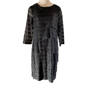 Chico’s sz L (2) black stretch ruffled tiered dress with sparkle